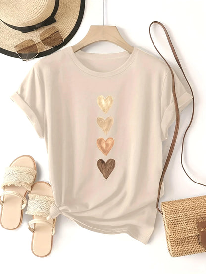 Women’s Four Heart Graphic T-Shirt - Casual Short Sleeve Round Neck Stretch Tee in Black & Gold Print