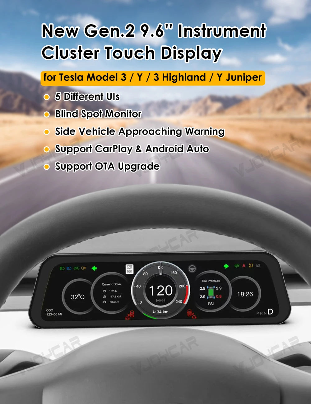 Gen 2 9.6" Instrument Display for Tesla Model 3 & Y – Blind Spot Reminder with OTA Upgrade, Juniper Dashboard