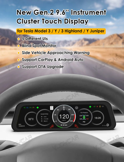 Gen 2 9.6" Instrument Display for Tesla Model 3 & Y – Blind Spot Reminder with OTA Upgrade, Juniper Dashboard