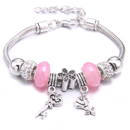 Pink Charm Bangle - Butterfly Snake Chain Bracelet with Beads and Lobster Clasp for Women