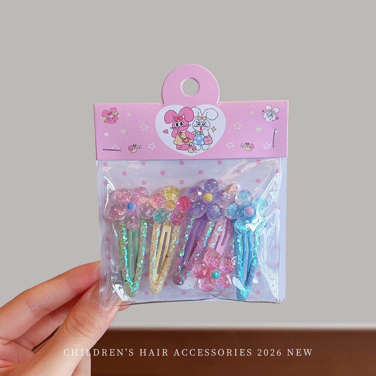 5-Piece Glitter Cartoon Hair Clip Set - Cute Sequin Star and Rabbit BB Clips for Baby Girls and Toddlers