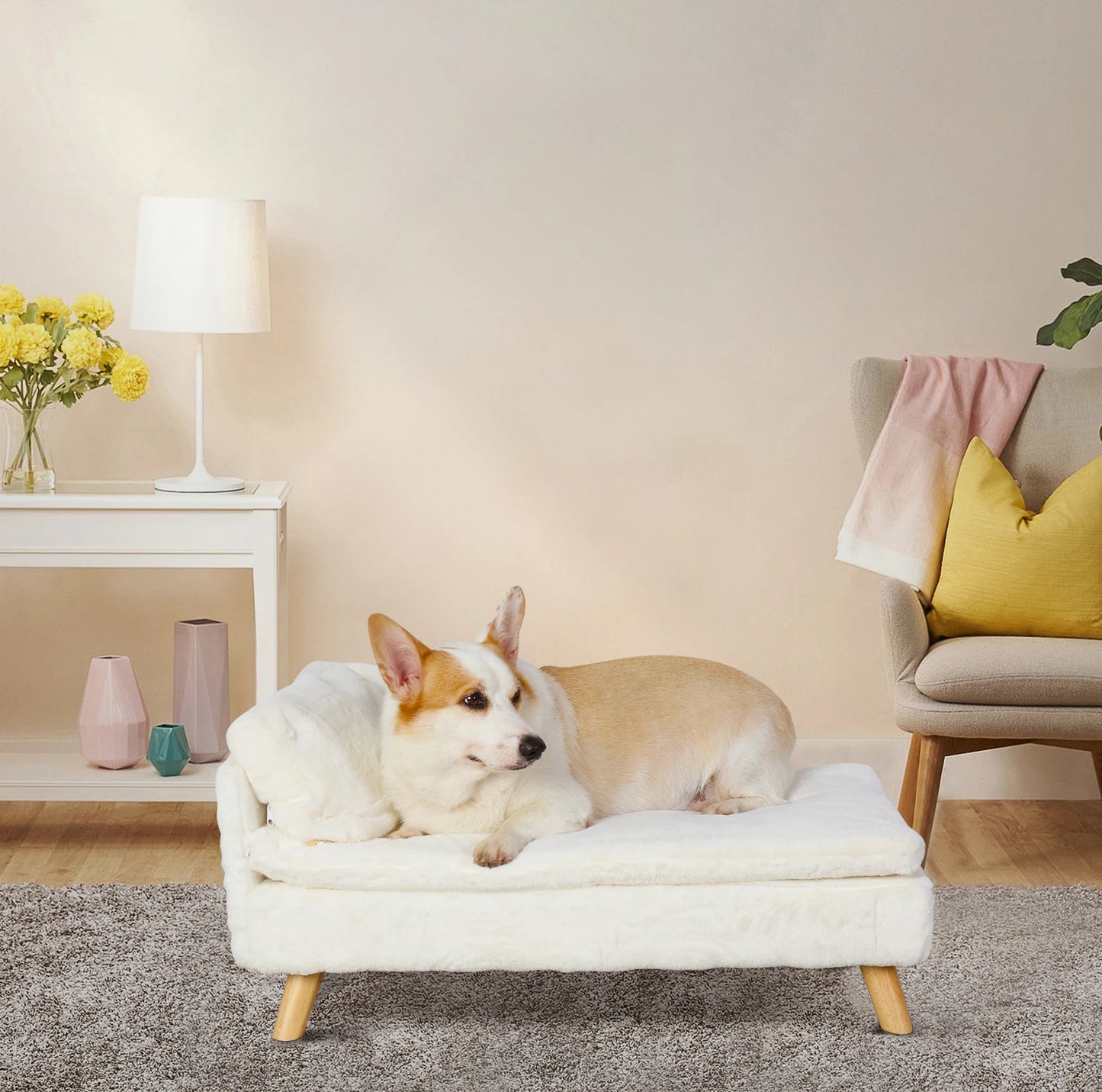 Elevated Pet Bed — Nordic Style Stool Bed with Cozy Waterproof Pad & Wooden Legs for Small Dogs & Kittens