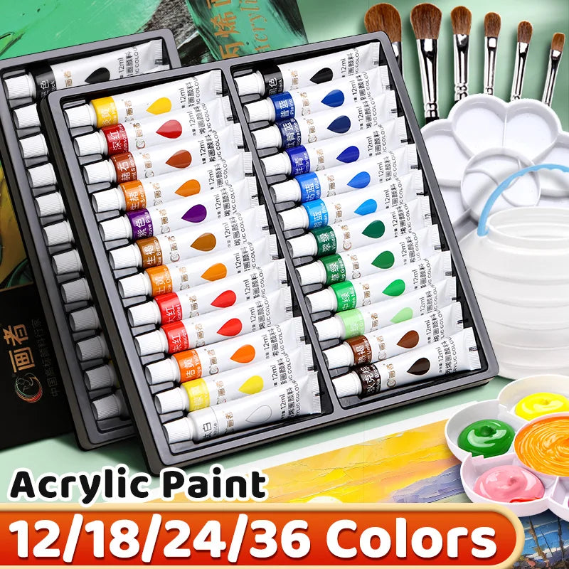 Vibrant Acrylic Paint Set – 12/18/24/36 Colors (12ml) for Paper, Wood, Canvas, Rock, Ceramic, Clothes & DIY Art