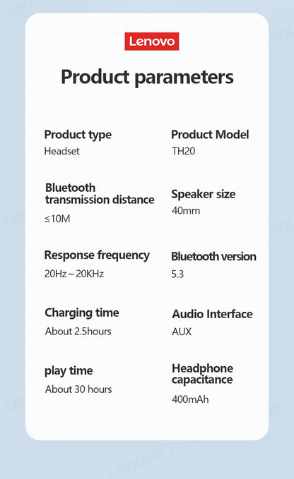 Original Lenovo TH20 Wireless Bluetooth 5.3 Headphones - Dual Mode, Foldable Sport Headset, Music & Gaming Earphones