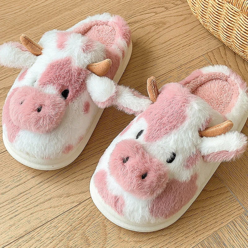 Women’s Fluffy Cartoon Cow Slippers – Cute Casual Flat Plush Winter Platform Shoes for Home