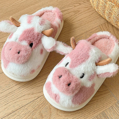 Women’s Fluffy Cartoon Cow Slippers – Cute Casual Flat Plush Winter Platform Shoes for Home