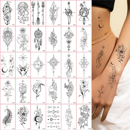 30pcs Black Temporary Tattoo Stickers - Flower Butterfly Rose Moon Star Mandala Designs for Hand, Chest & Body Art