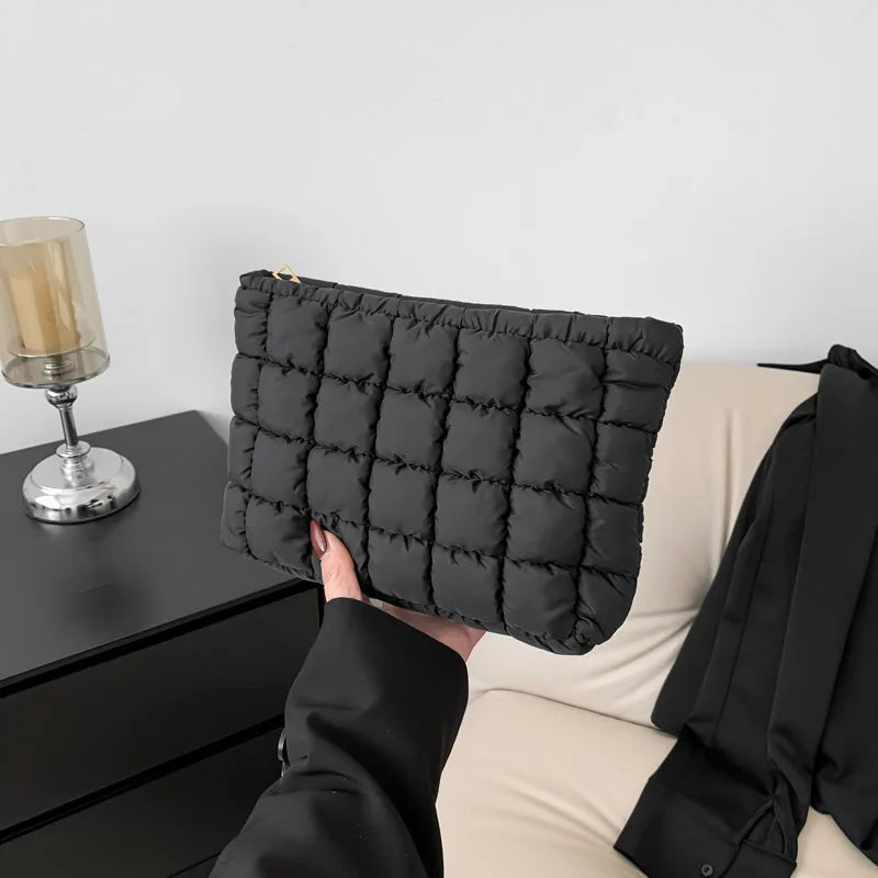 Women’s Quilted Cosmetic Bag — Portable Square Makeup Clutch & Small Toiletry Organizer Handbag
