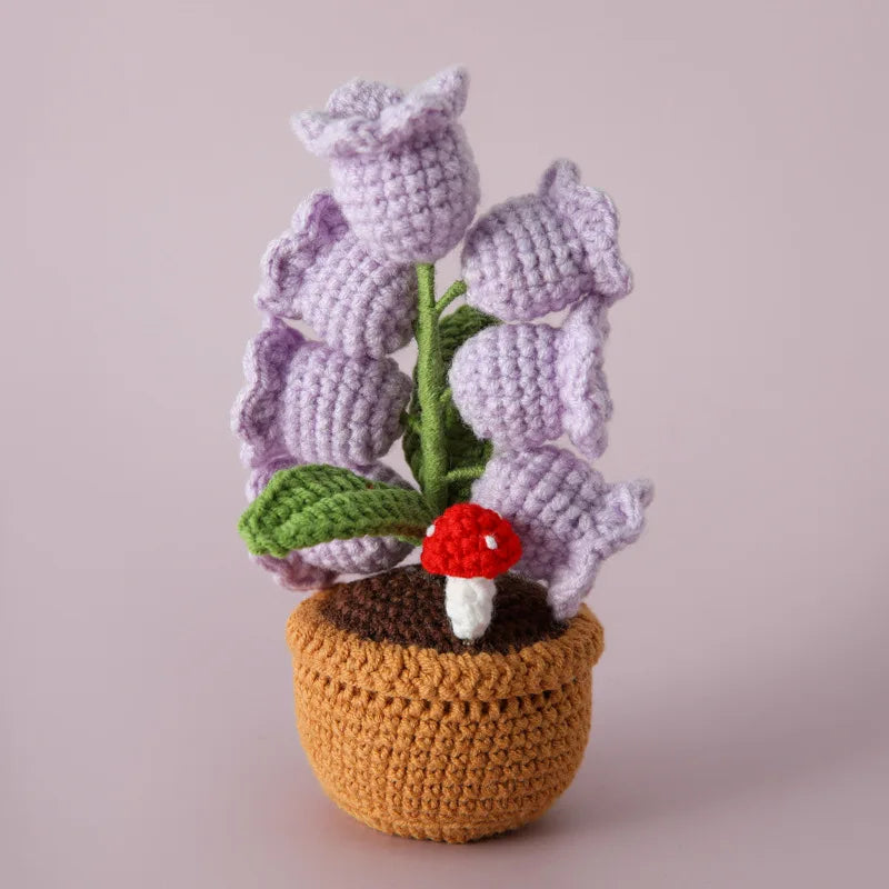 Handmade Crochet Bell Orchid in Pot – Knitted Artificial Flower with Light for Desktop & Easter 2025 Decor