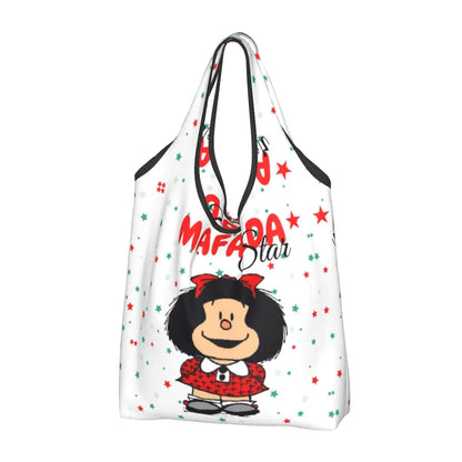Anime Mafalda Cartoon Grocery Tote Bag – Large Capacity Fashion Shopper Shoulder Handbag, Portable Kawaii Canvas Bag for Everyday Use