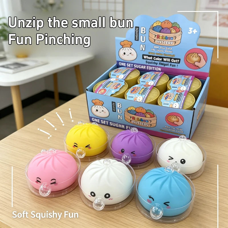 Kawaii Steamed Bun Squishy Set - Soft Bubble-Blowing Stress Relief Squeeze Toy with Steamer Case