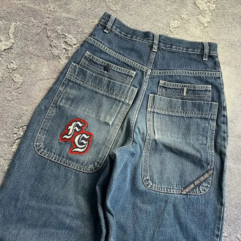 Y2K Embroidered Loose Jeans - Unisex Harajuku Streetwear Retro Hip-Hop Pants