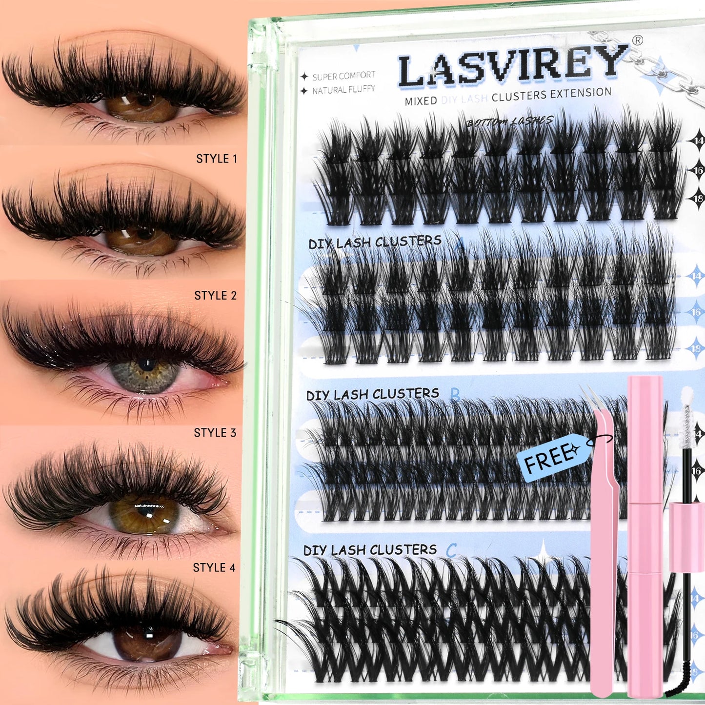 Lasvirey DIY Cluster Lashes Kit – 4-in-1 Fluffy Eyelash Extension Set with Lash Bond & Seal, Mixed Full Individual Lash Clusters