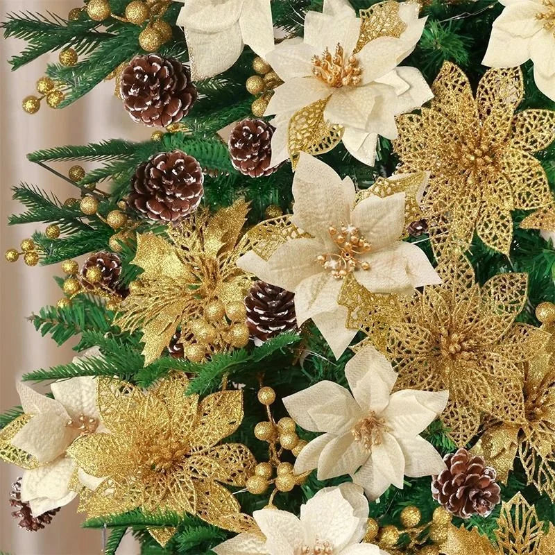 8/16PCS Glitter Artificial Christmas Flowers | Xmas Tree Decorations & Home Ornaments for 2025 New Year