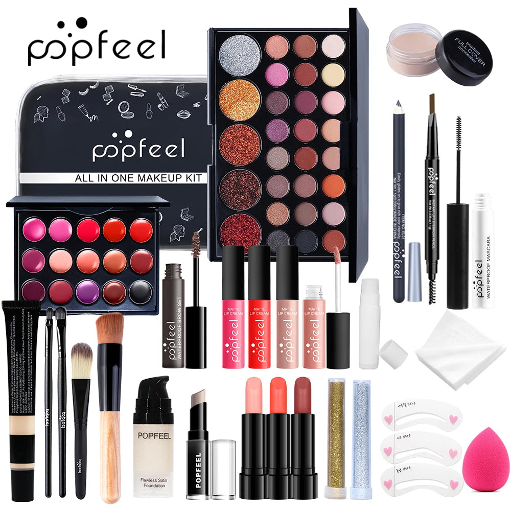 All-in-One Makeup Kit for Women & Teens – Complete Gift Set with Eyeshadow, Foundation, Primer, Brushes & Nude Lip Gloss