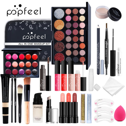 All-in-One Makeup Kit for Women & Teens – Complete Gift Set with Eyeshadow, Foundation, Primer, Brushes & Nude Lip Gloss