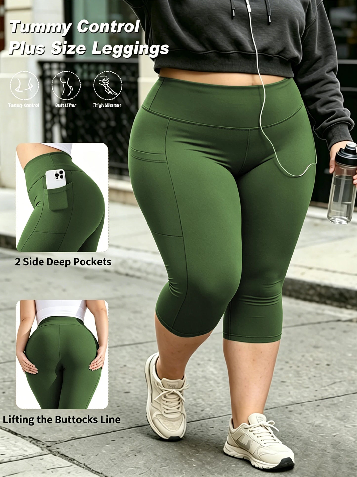 Women's Plus Size Capri Leggings - High-Waist Tummy Control Stretch Yoga Pants with Pockets