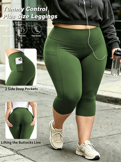 Women's Plus Size Capri Leggings - High-Waist Tummy Control Stretch Yoga Pants with Pockets