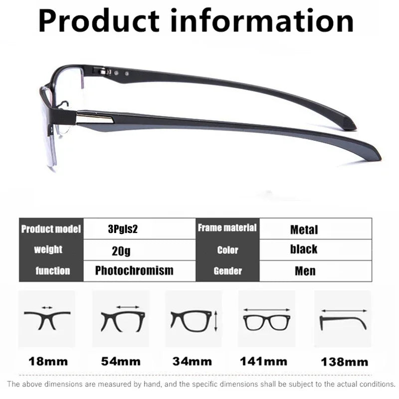 Progressive Multifocal Photochromic Reading Glasses – Anti-Blue Light Half Frame for Men with Presbyopia & Far Sight Protection