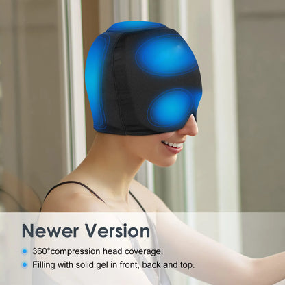 Ice Cap Migraine Head Wrap – Hot & Cold Gel Hat with Extra Top Gel, Light-Blocking Relief for Headaches