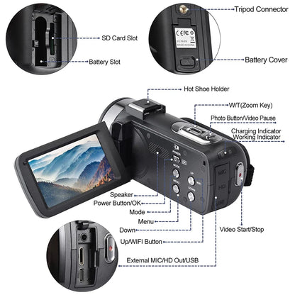 8K HD Video Camera – 3-Inch LCD Touch Screen, 18X Digital Zoom, Ultra HD, WIFI Portable Camcorder Recorder
