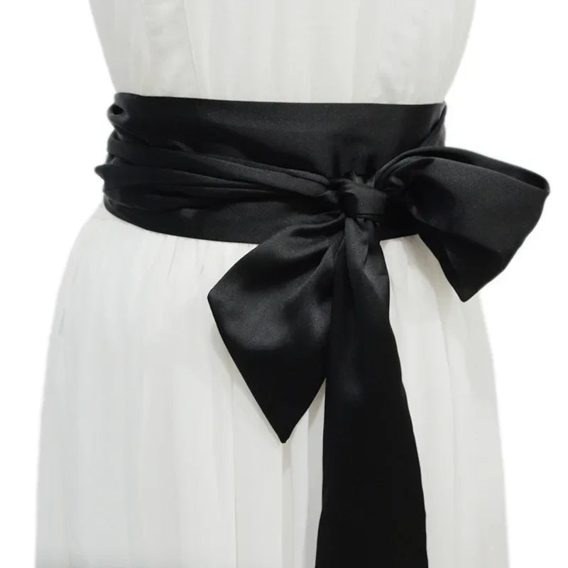 New Ladies' Belt – Burgundy & Black Silk Wide Waist Seal with Long Ice Silk Lace, Soft Fashion Accessories Belt