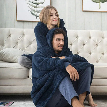 Women’s Winter Hooded Fleece Jacket – Thick, Warm, Solid Color Pullover with Pockets, Elegant Unisex Long Hoodie for Home Wear