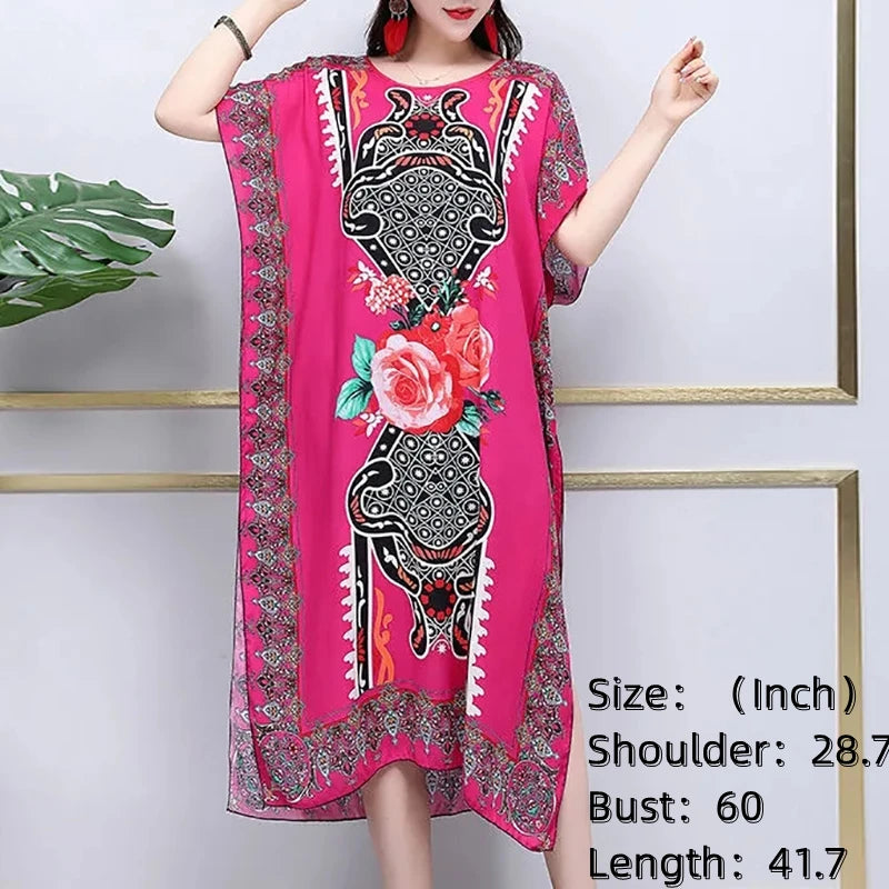 Women’s Bohemian Floral Tunic Dress - Retro Ethnic Print Batwing Sleeve Loose Summer Maternity Streetwear