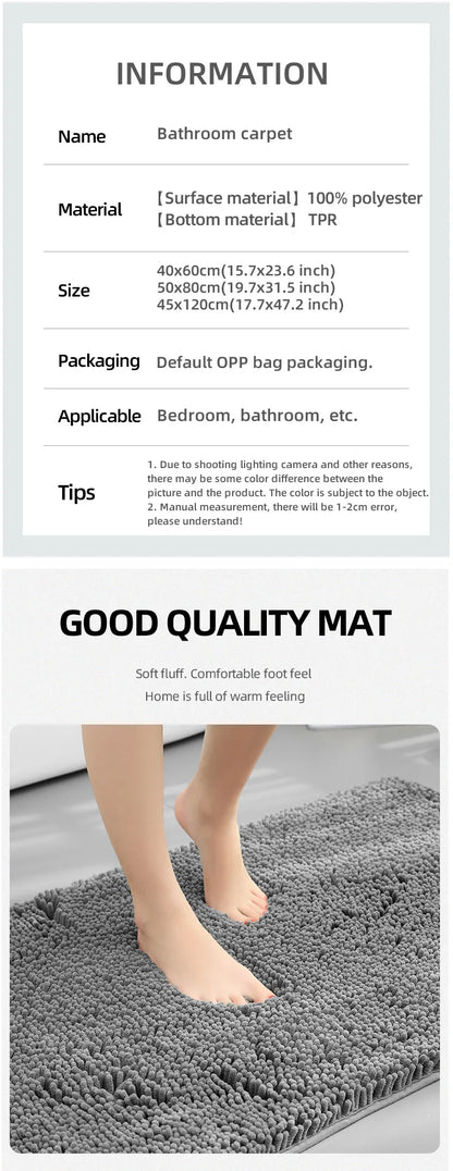 Chenille Long-Haired Bath Mat – Absorbent Bathroom Floor Mat for Tub, Living Room, and Entrance Foot Pad