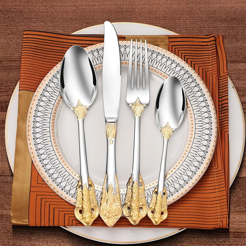 Premium 304 Stainless Steel Gold Cutlery Set - Vintage Western Dinnerware with Luxury Engraving - Forks, Knives, Spoons - Silverware