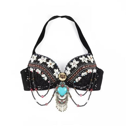 Vintage Gypsy Tribal Belly Dance Push-Up Bra – Wooden Beads Top with Turquoise Medallion