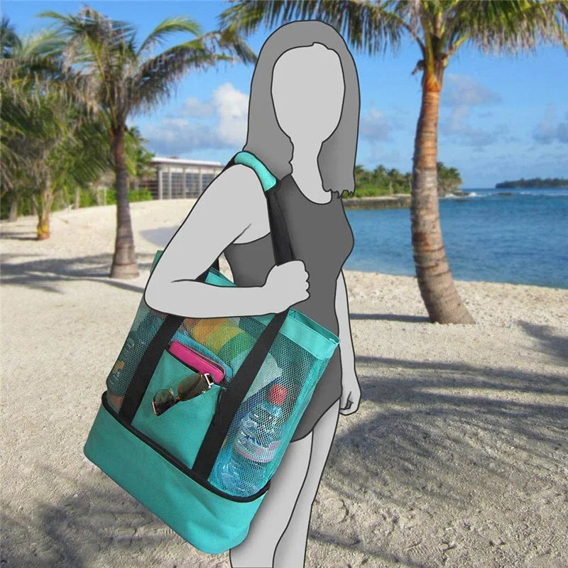 Women’s Waterproof Picnic & Beach Tote Bag – Double Layer Transparent Mesh Insulated Shopping Bag