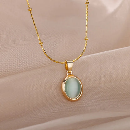 Fashion Opal Oval Necklace for Women – Gold Stainless Steel Pendant, Aesthetic Wedding Jewelry Gift