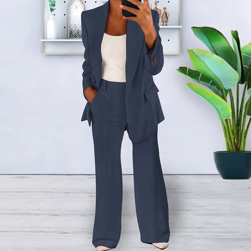 Women's 2 Piece Blazer Pant Set - Casual Single Button Jacket & High Waist Wide Leg Workwear Suit