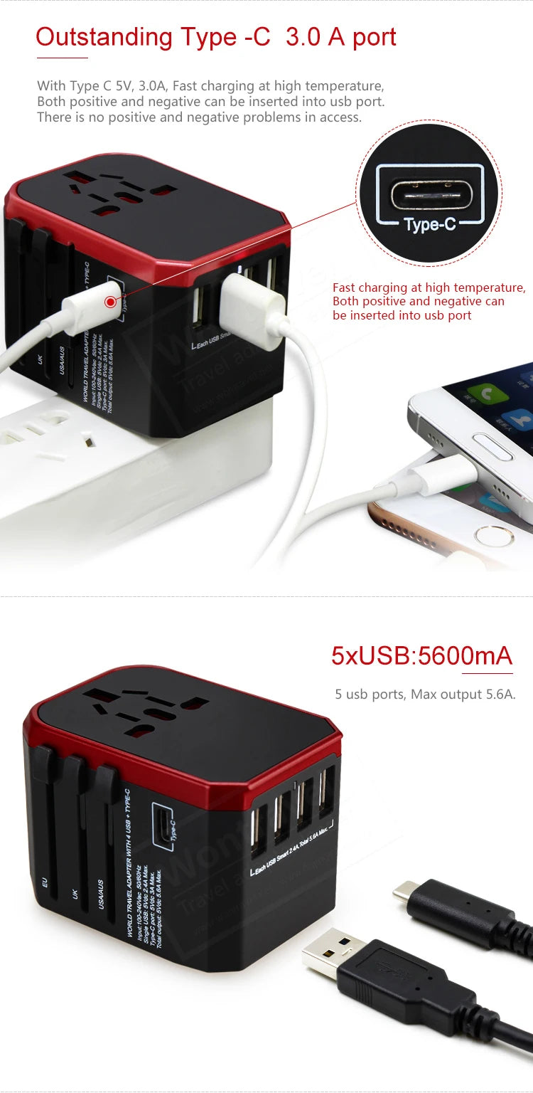 Melery Travel Smart Adapter – International Wall Plug with USB Type-C Charger for US, EU, UK, AU Compatible with iPhone, iPad & Android