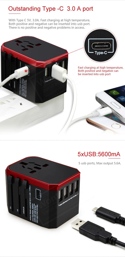 Melery Travel Smart Adapter – International Wall Plug with USB Type-C Charger for US, EU, UK, AU Compatible with iPhone, iPad & Android