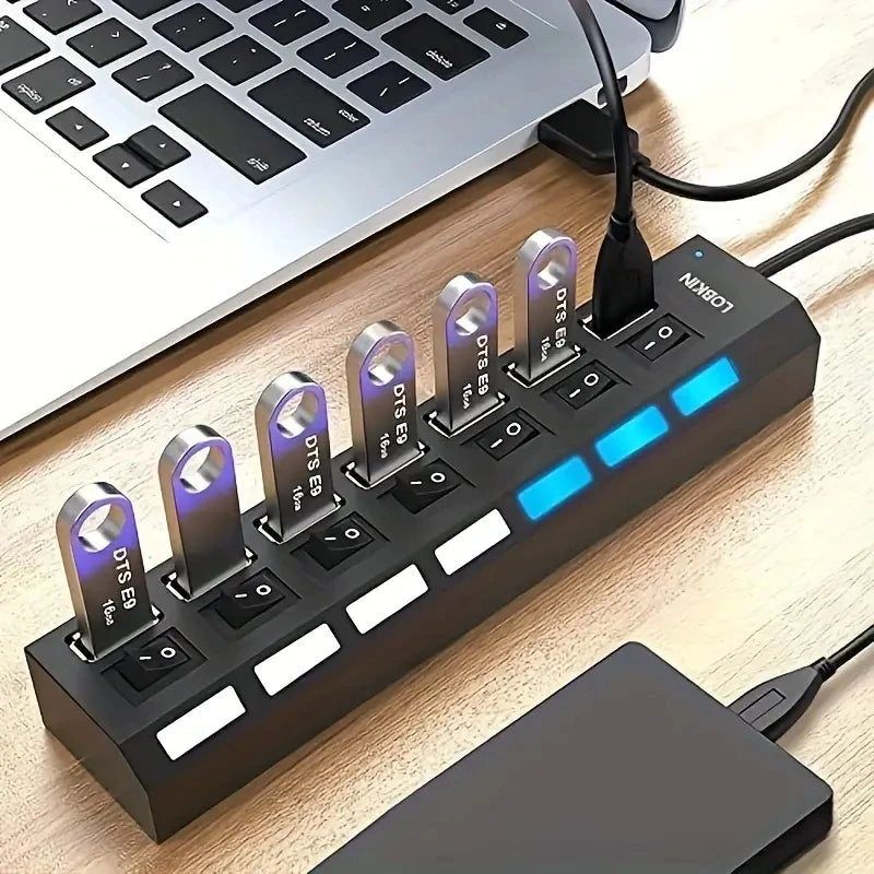 High-Speed USB 2.0 Hub with 4 or 7 Ports - Multi-USB Splitter with LED Indicator and Individual Switches for PC and Laptop