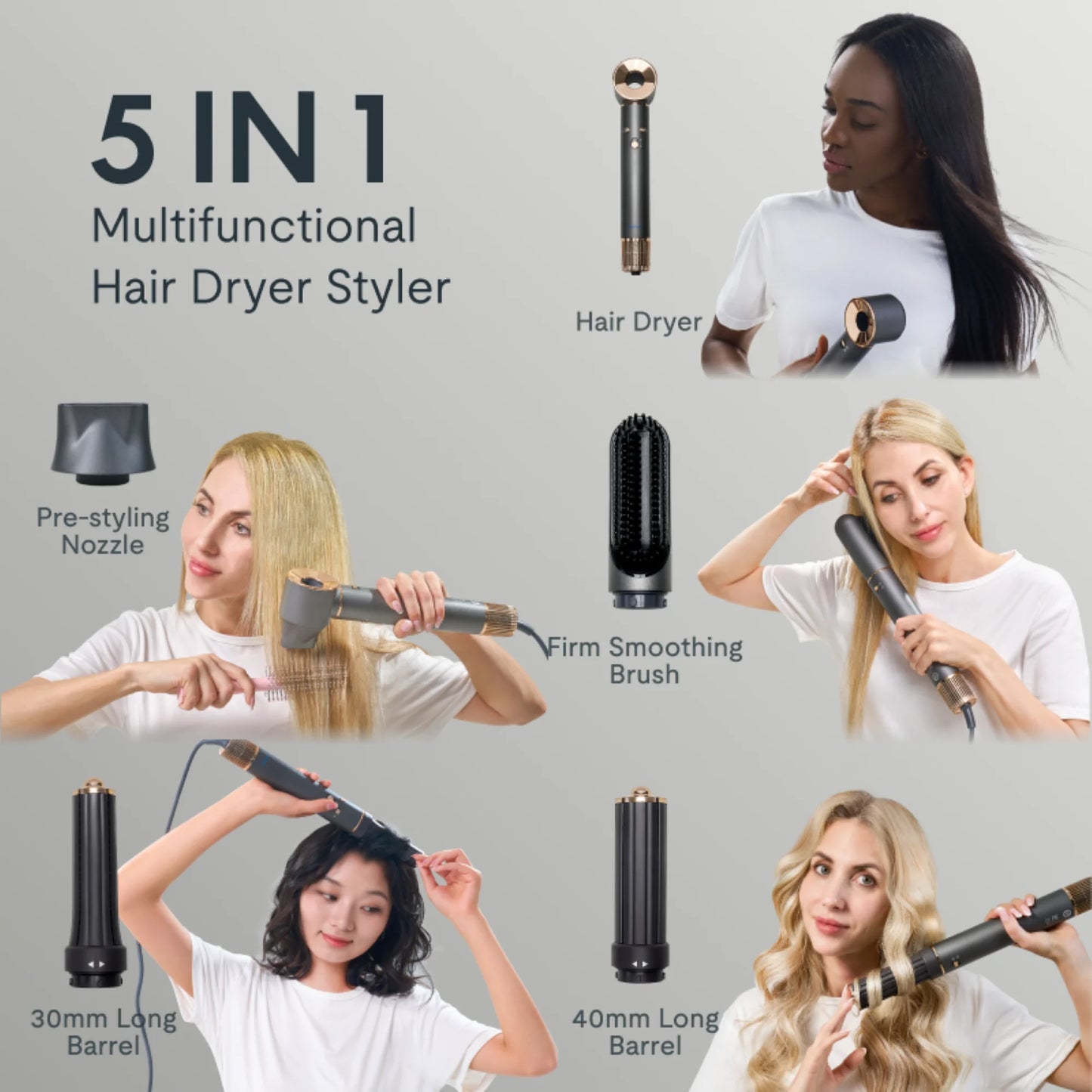 5-in-1 Multi-Functional Hair Dryer – Fast Drying with Intelligent Heat Control & 600M Negative Ions for Frizz-Free Styling