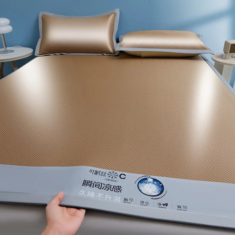 Cooling Ice Silk Bed Mat - Carbon Fiber Summer Mattress Cover with Pillowcase