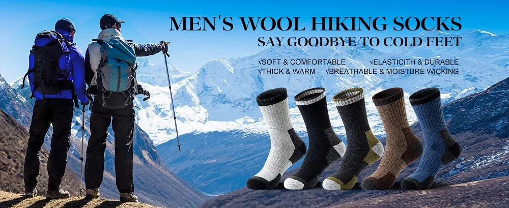 5 Pairs Merino Wool Hiking Socks for Men | Soft, Warm, Moisture-Wicking Winter Crew Socks for Indoor & Outdoor Wear
