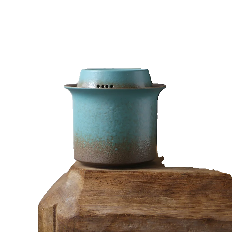Kiln-Change Vintage Spring Green Pottery Tea Set – 1 Pot & 4 Cups, Simple Small Set for Outdoor or Tea Room