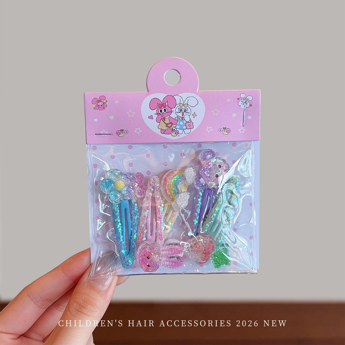 5-Piece Glitter Cartoon Hair Clip Set - Cute Sequin Star and Rabbit BB Clips for Baby Girls and Toddlers