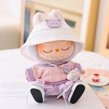 Mini Doll Clothes & Accessories — 15–17cm Labubu & 10cm Cotton Doll Outfit, Pink Hoodie & Yarn Skirt (No Doll)
