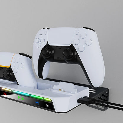 PS5 & PS5 Slim Wall Bracket Dual Controller Charger – RGB LED Metal Wall-Mounted Stand for Disc & Digital Editions