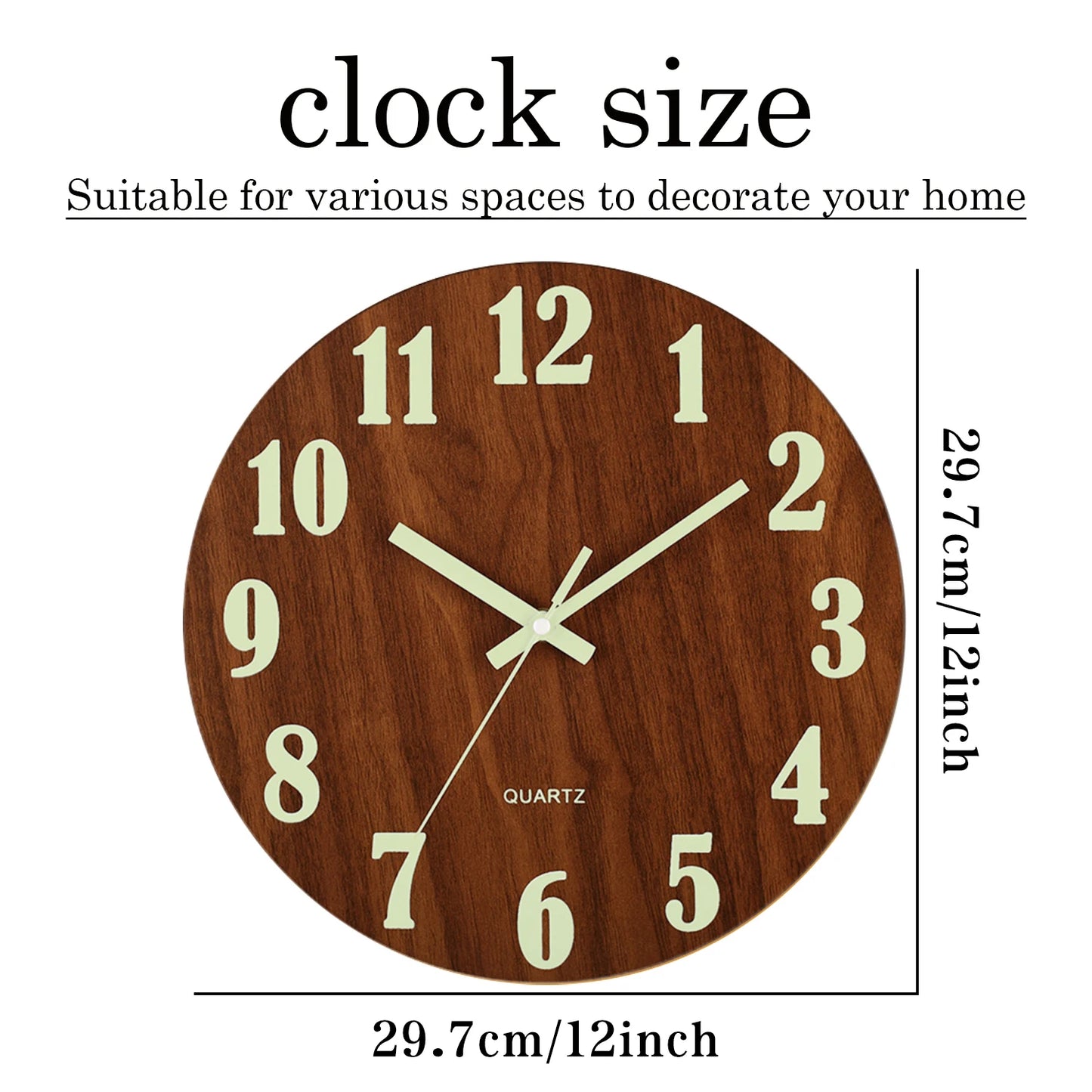 12-Inch Luminous Wall Clock — Nordic Wooden Silent Clock with Night Light, Non-Ticking Design for Dark Room