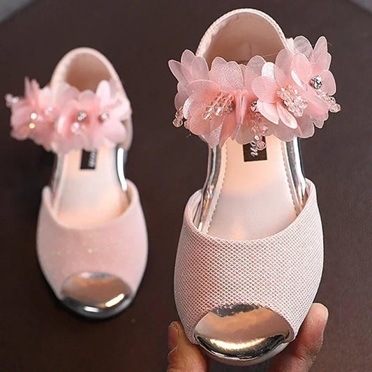 Girls Rhinestone Flower Sandals - Soft Sole Princess Dance Shoes for Kids