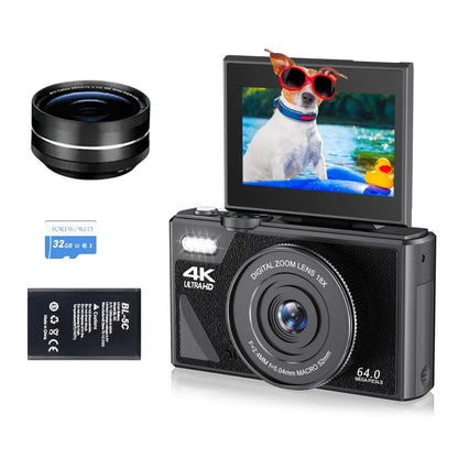4K Camera for Photography – 18X Digital Zoom, 64MP Vlogging Camcorder, 3'' Flip Screen, WIFI Selfie Webcam for YouTube