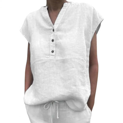 Women’s Cotton Linen V-Neck T-Shirt Blouse – Solid Color Short Sleeve Summer Quick-Dry Casual Top