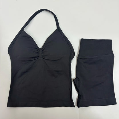 2-Piece Women’s Yoga Set – Seamless Longline Strappy Tank Top & Scrunch Sports Shorts, Summer Workout Gym Outfit