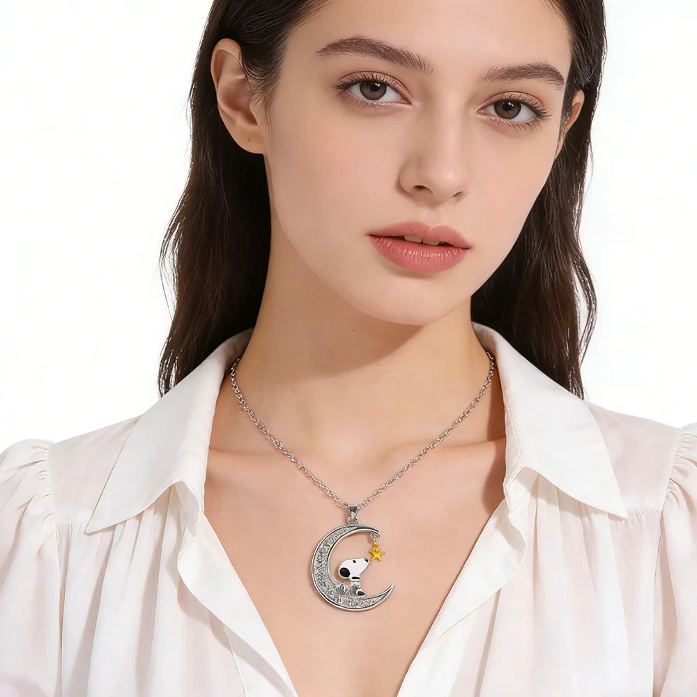 Snoopy Woodstock Friendship Necklace - Silver-Tone Moon & Heart Pendant with Cute Enamel & Rhinestone Details